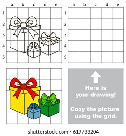 Copy the picture using grid lines, the simple educational game for preschool children education with easy gaming level, the kid drawing game with Gifts