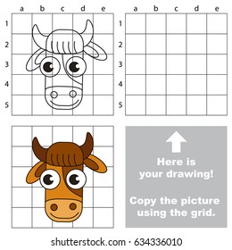 Copy the picture using grid lines, the simple educational game for preschool children education with easy gaming level, the kid drawing game with Cow Face