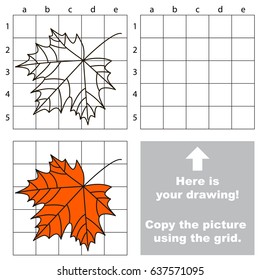 Copy the picture using grid lines, the simple educational game for preschool children education with easy gaming level, the kid drawing game with Autumn Red Maple Leaf