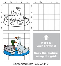 Copy the picture using grid lines, the simple educational game for preschool children education with easy gaming level, the kid drawing game with Wild Beautiful Duck and Goose Family