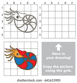 Copy the picture using grid lines, the simple educational game for preschool children education with easy gaming level, the kid drawing game with Beautiful Nautilus