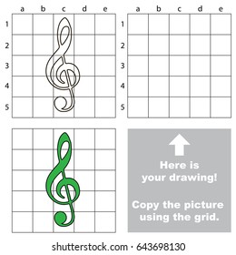 Copy the picture using grid lines, the simple educational game for preschool children education with easy gaming level, the kid drawing game with Green Treble Clef