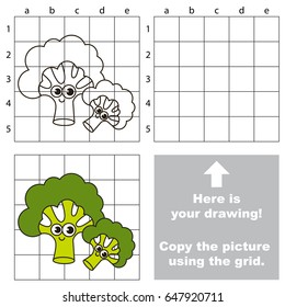 Copy the picture using grid lines, the simple educational game for preschool children education with easy gaming level, the kid drawing game with Cute Broccoli