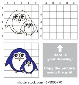 Copy the picture using grid lines, the simple educational game for preschool children education with easy gaming level, the kid drawing game with Mom and Baby Funny Penguin