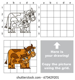 Copy the picture using grid lines, the simple educational game for preschool children education with easy gaming level, the kid drawing game with Mother and Small Cow