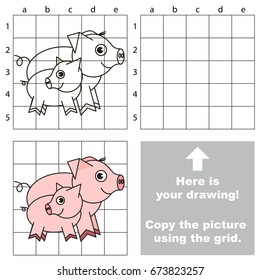 Copy the picture using grid lines, the simple educational game for preschool children education with easy gaming level, the kid drawing game with Mother and Small Funny Pink Piggy