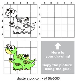 Copy the picture using grid lines, the simple educational game for preschool children education with easy gaming level, the kid drawing game with Mom and her babies Funny Brontosaurus