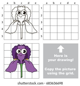 Copy the picture using grid lines, the simple educational game for preschool children education with easy gaming level, the kid drawing game with Funny Violet Iris Face