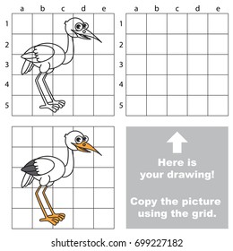 Copy the picture using grid lines, the simple educational game for preschool children education with easy gaming level, the kid drawing game with heron egret