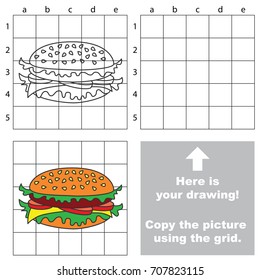 Copy the picture using grid lines, the simple educational game for preschool children education with easy gaming level, the kid drawing game with Fast Food Hamburger