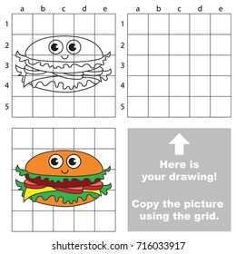 Copy the picture using grid lines, the simple educational game for preschool children education with easy gaming level, the kid drawing game with Funny Fast Food Hamburger