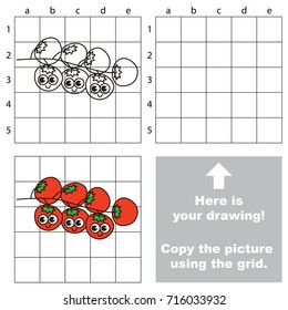 Copy the picture using grid lines, the simple educational game for preschool children education with easy gaming level, the kid drawing game with Funny Cherry Tomatoes Branch