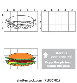 Copy the picture using grid lines, the simple horizontal educational game for preschool children education with easy gaming level, the kid drawing game with Hamburger Fast Food