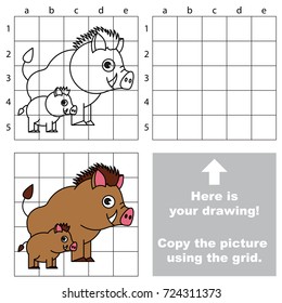 Copy the picture using grid lines, the simple educational game for preschool children education with easy gaming level, the kid drawing game with Mother and her Baby Hog