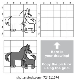 Copy the picture using grid lines, the simple educational game for preschool children education with easy gaming level, the kid drawing game with Mother and her Baby Wolf