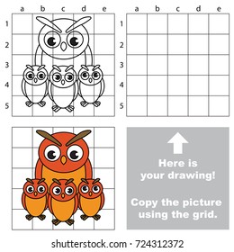 Copy the picture using grid lines, the simple educational game for preschool children education with easy gaming level, the kid drawing game with Mother and her Baby Filin Owl