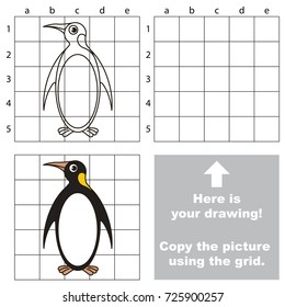 Copy the picture using grid lines, the simple educational game for preschool children education with easy gaming level, the kid drawing game with Penguin Bird