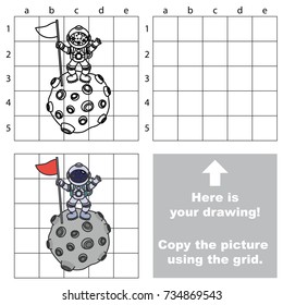 Copy the picture using grid lines, the simple educational game for preschool children education with easy gaming level, the kid drawing game with cosmonaut on moon with red flag