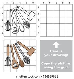 Copy the picture using grid lines, the simple educational game for preschool children education with easy gaming level, the kid drawing game with Utensils