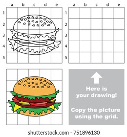 Copy the picture using grid lines, the simple educational game for preschool children education with easy gaming level, the kid drawing game with Hamburger