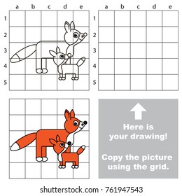 Copy the picture using grid lines, the simple educational game for preschool children education with easy gaming level, the kid drawing game with Mom and Her Infant Funny Fox