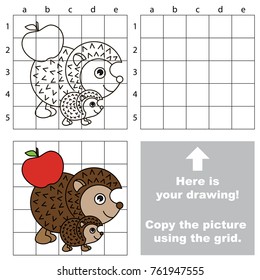 Copy the picture using grid lines, the simple educational game for preschool children education with easy gaming level, the kid drawing game with Mom and Her Infant Funny Hedgehog