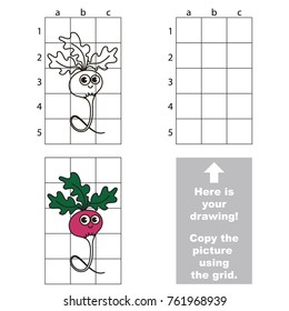 Copy the picture using grid lines, the simple educational game for preschool children education with easy gaming level, the vertical kid drawing game with Funny Radish Root
