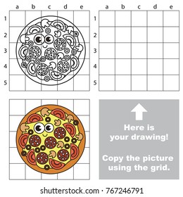 Copy the picture using grid lines, the simple educational game for preschool children education with easy gaming level, the kid drawing game with Funny Round Pizza