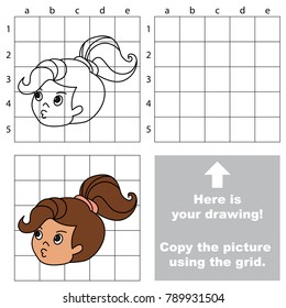 Copy the picture using grid lines, the simple educational game for preschool children education with easy gaming level, the kid drawing game with Brunette Happy hairstyle Girl