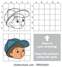 Copy the picture using grid lines, the simple educational game for preschool children education with easy gaming level, the kid drawing game with Blue Hat Boy Face