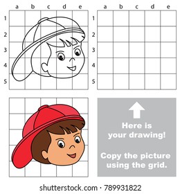 Copy the picture using grid lines, the simple educational game for preschool children education with easy gaming level, the kid drawing game with Red Cap boy Head