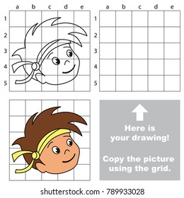 Copy the picture using grid lines, the simple educational game for preschool children education with easy gaming level, the kid drawing game with Brunette Boy