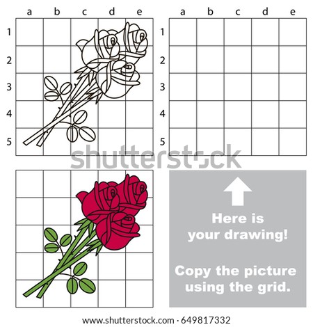 Copy the picture using grid lines, the simple educational game for preschool children education with easy gaming level, the kid drawing game with Red Three Roses Flower