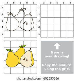 Copy the picture using grid sells, vector kid educational game for preschool kids, the drawing tutorial with easy gaming level for Three Pears