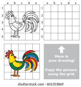 Copy the picture using grid sells, vector kid educational game for preschool kids, the drawing tutorial with easy gaming level for Beautiful Cock.