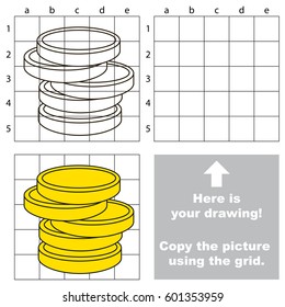 Copy the picture using grid sells, vector kid educational game for preschool kids, the drawing tutorial with easy gaming level for Gold Money Coins