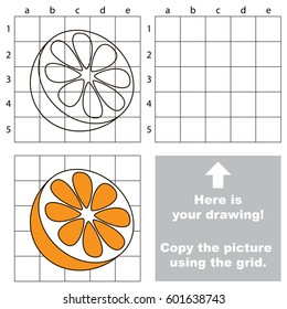 Copy the picture using grid sells, vector kid educational game for preschool kids, the drawing tutorial with easy gaming level for Half Slice Orange