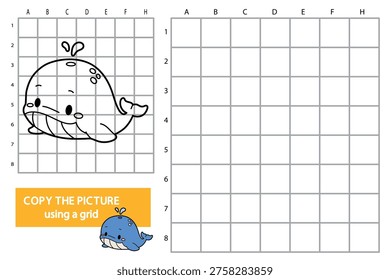 Copy the picture using a grid worksheet with kawaii whale illustration. Educational drawing activity for kids to practise or practice proportions and observation skills, printable art exercise.