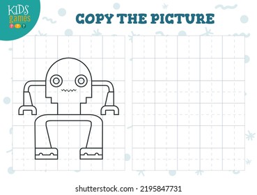 Copy picture vector illustration. Coloring game for preschool and school kids. Cute alien or robot outline for drawing and education activity