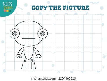 Copiar ilustración vectorial de imagen. Juego de coloración para niños en edad preescolar y escolar. Esbozo corto de robots humanoides para la actividad de dibujo y educación