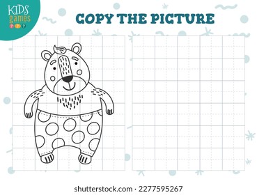 Copy picture vector illustration. Coloring game for preschool and school kids. Cute bear outline for drawing and education activity