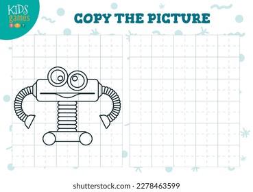 Copy picture vector illustration. Coloring game for preschool and school kids. Cute funny robot for drawing and education activity