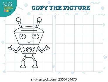 Copy picture vector illustration. Coloring game for preschool and school kids. Cute humanoid robot outline for drawing and education activity