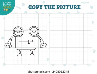 Copy picture vector illustration. Coloring game for preschool and school kids. Cute humanoid robot outline for drawing and education activity
