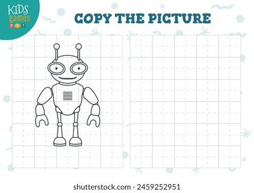 Copy picture vector illustration. Coloring game for preschool and school kids. Cute little robot for drawing and learning activity
