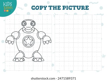 Copy picture vector illustration. Coloring game for preschool and school kids. Cute humanoid robot outline for drawing and education activity