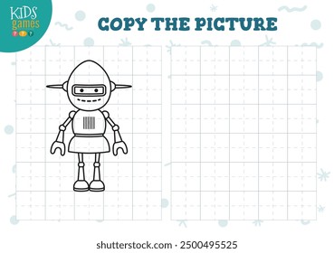 Copy picture vector illustration. Coloring game for preschool and school kids. Cute alien or robot outline for drawing and education activity