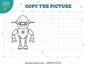 Copy picture vector illustration. Coloring game for preschool and school kids. Cute funny robot for drawing and education activity