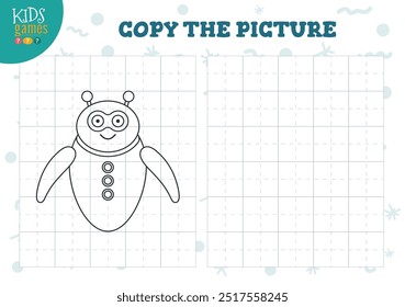 Copy picture vector illustration. Coloring game for preschool and school kids. Cute alien or robot outline for drawing and education activity