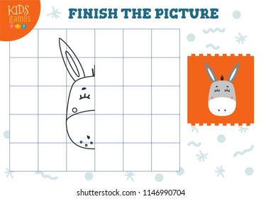 Copy picture vector illustration. Complete and coloring game for preschool kids. Cartoon donkey outline for drawing 